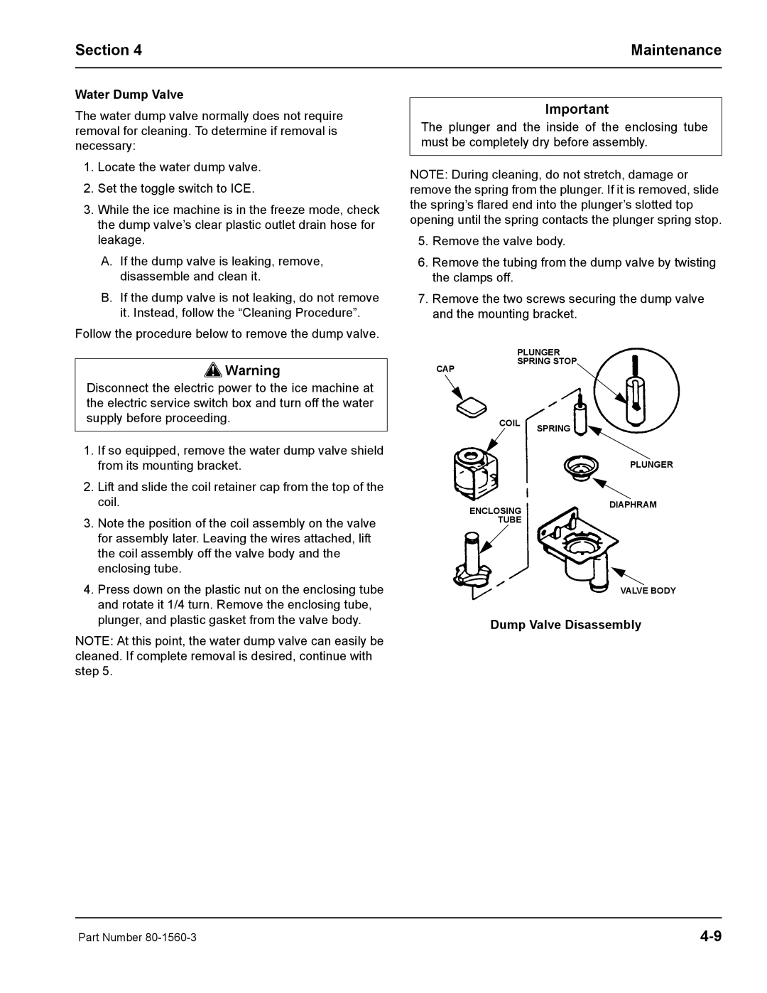 Manitowoc Ice S0850M manual Water Dump Valve, Dump Valve Disassembly 