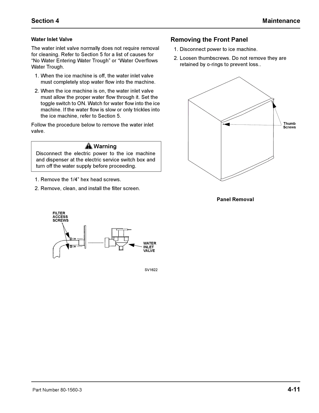 Manitowoc Ice S0850M manual Removing the Front Panel, Water Inlet Valve, Panel Removal 