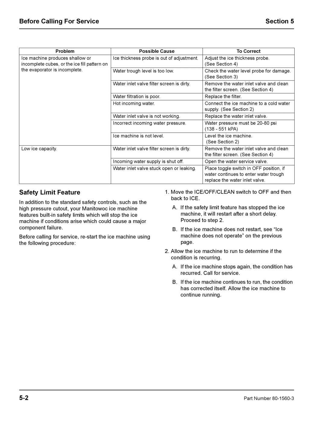 Manitowoc Ice S0850M manual Before Calling For Service Section, Safety Limit Feature 