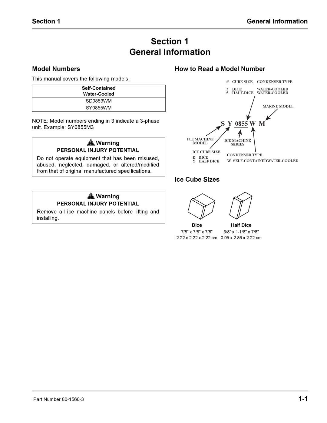 Manitowoc Ice S0850M manual Section General Information, Model Numbers, How to Read a Model Number, Ice Cube Sizes 