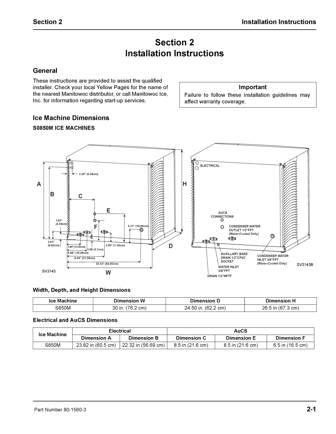 Manitowoc Ice manual General, Ice Machine Dimensions, S0850M ICE Machines, Width, Depth, and Height Dimensions 