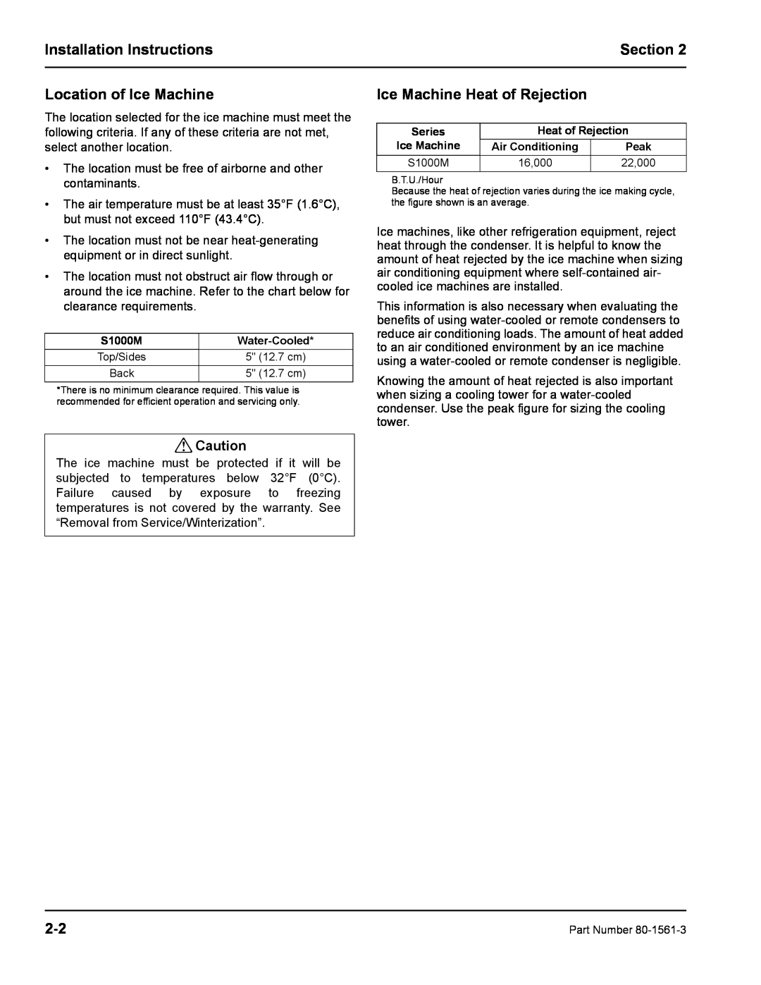 Manitowoc Ice S1000M manual Location of Ice Machine, Ice Machine Heat of Rejection, Installation Instructions, Section 