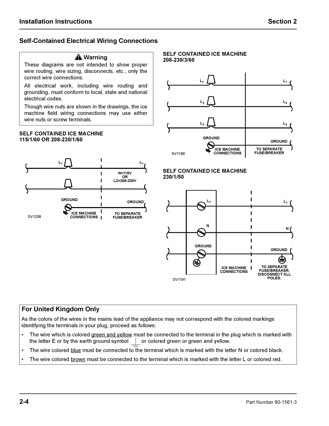 Manitowoc Ice S1000M Self-Contained Electrical Wiring Connections, For United Kingdom Only, Installation Instructions 