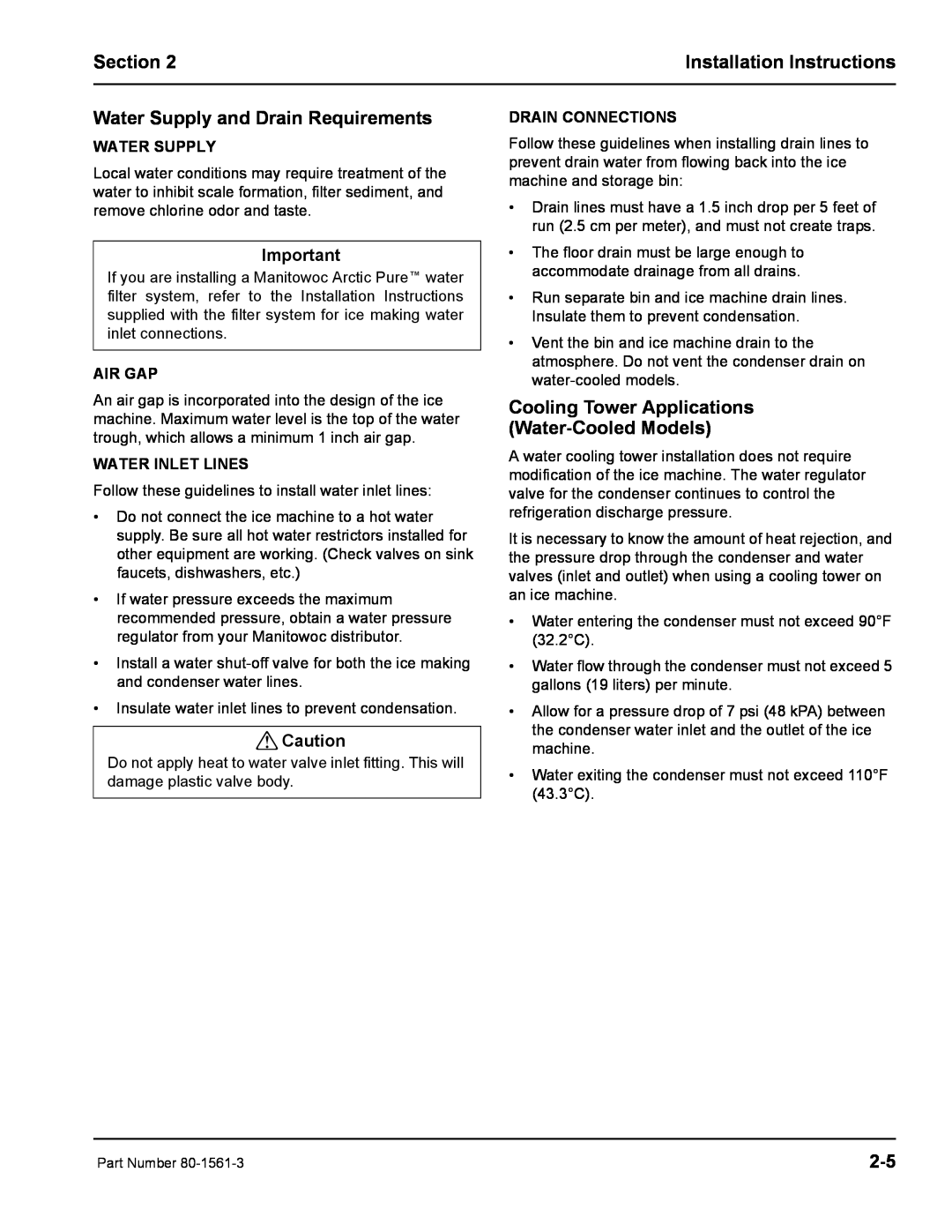 Manitowoc Ice S1000M Water Supply and Drain Requirements, Cooling Tower Applications Water-Cooled Models, Air Gap, Section 