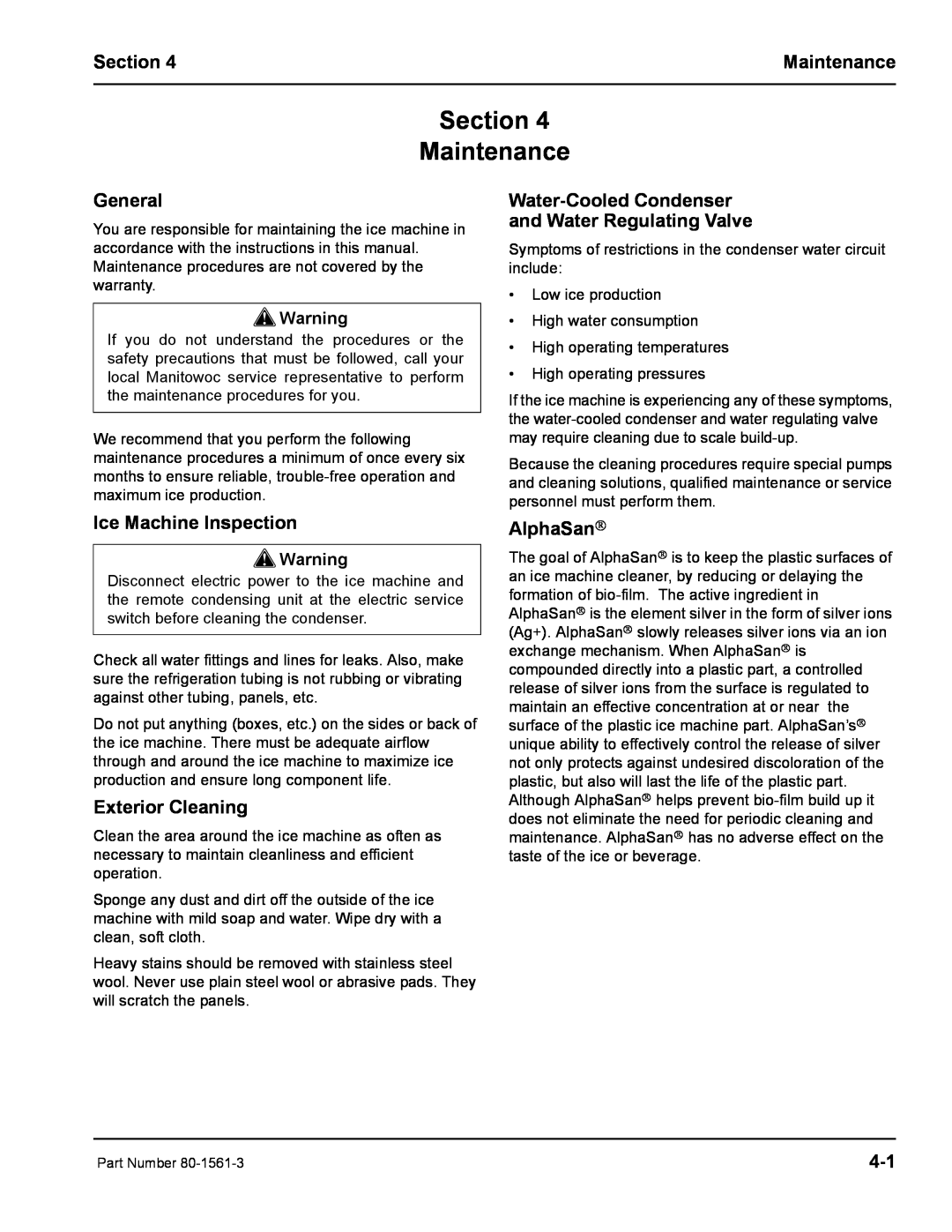 Manitowoc Ice S1000M manual Section Maintenance, Ice Machine Inspection, Exterior Cleaning, AlphaSan→, General 