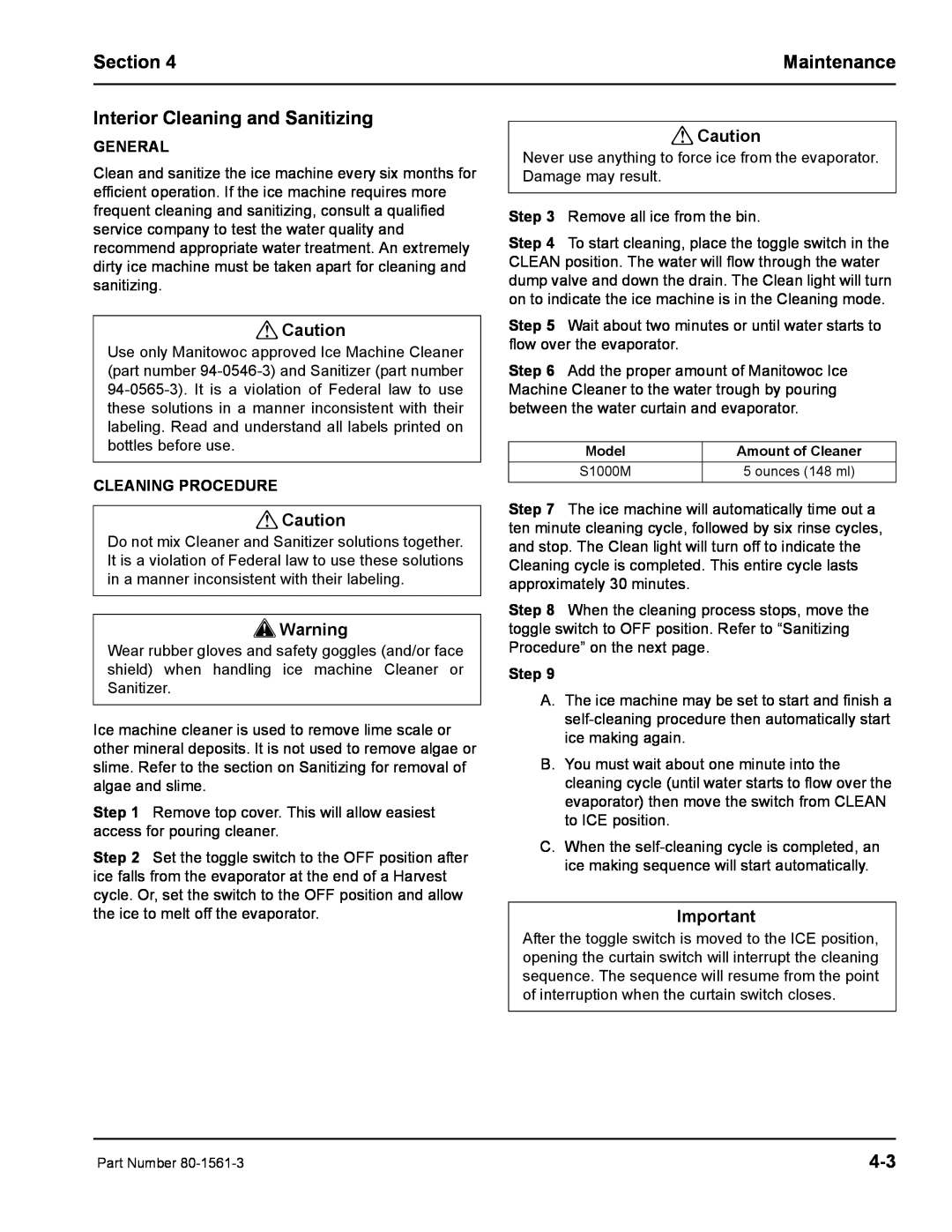 Manitowoc Ice S1000M manual Interior Cleaning and Sanitizing, Cleaning Procedure, Step, Section, Maintenance, General 