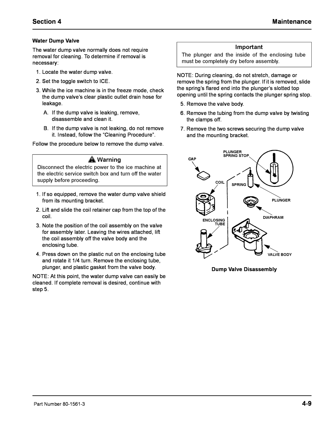 Manitowoc Ice S1000M Water Dump Valve, Dump Valve Disassembly, Section, Maintenance, Plunger Spring Stop, Coil Spring 