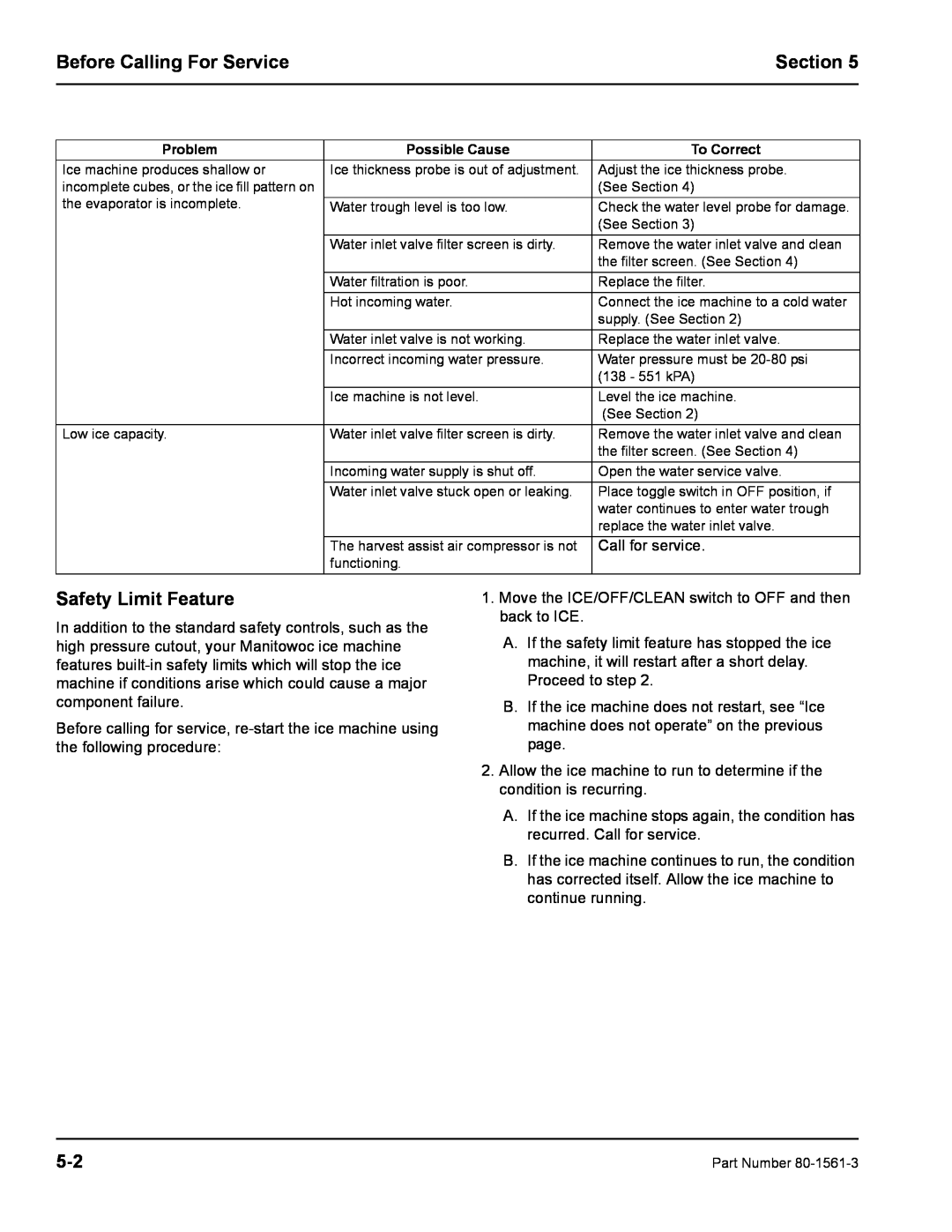 Manitowoc Ice S1000M manual Safety Limit Feature, Before Calling For Service, Section, Call for service 