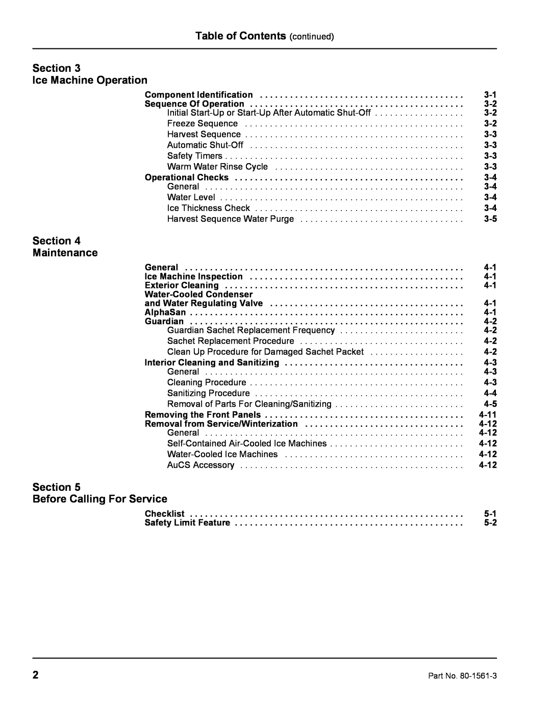 Manitowoc Ice S1000M Table of Contents continued Section Ice Machine Operation, Section Maintenance, Cleaning Procedure 