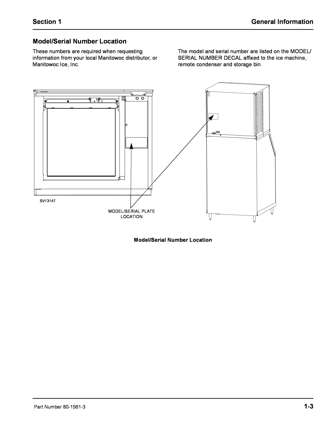 Manitowoc Ice S1000M manual Model/Serial Number Location, Section, General Information, Model/Serial Plate Location 