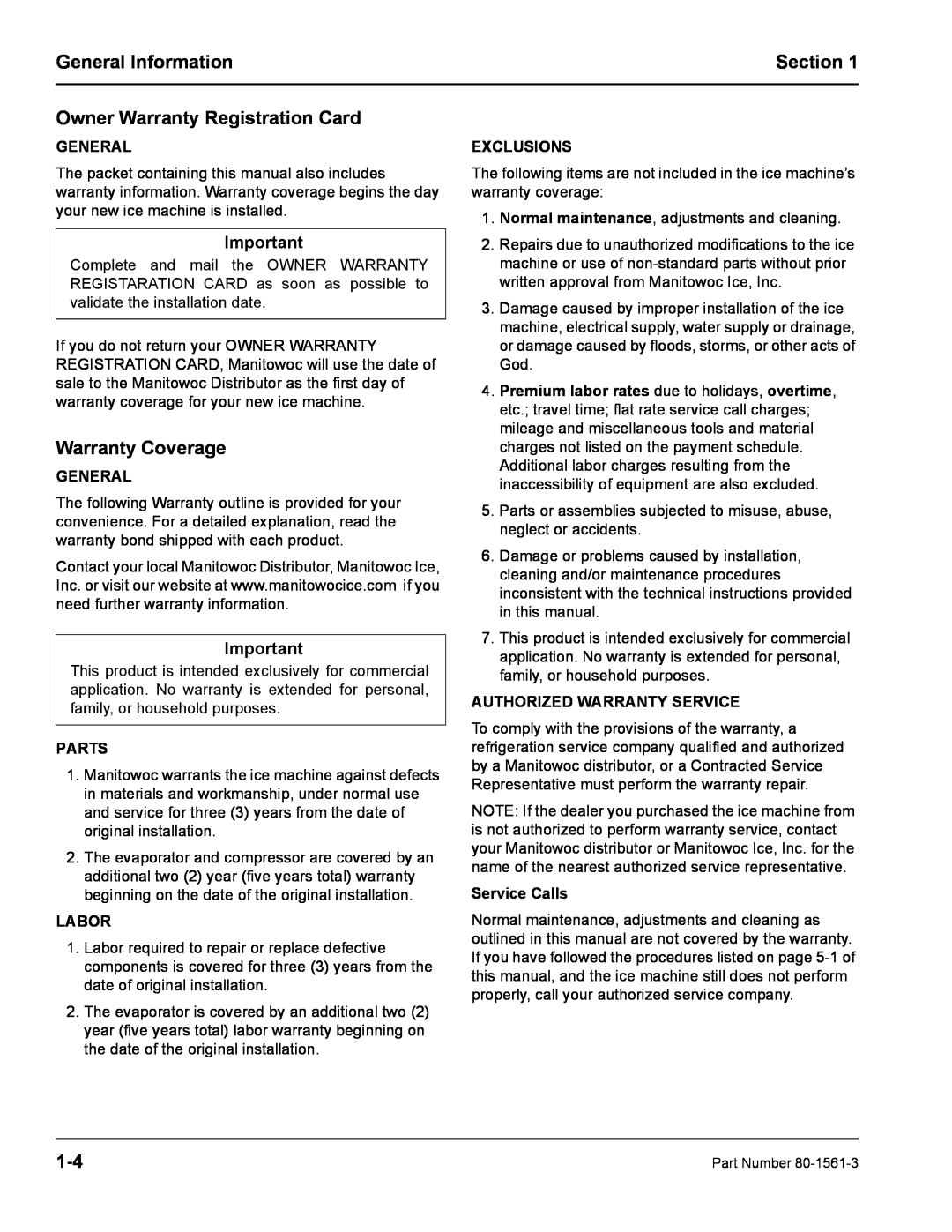 Manitowoc Ice S1000M Owner Warranty Registration Card, Warranty Coverage, General, Parts, Labor, Exclusions, Service Calls 