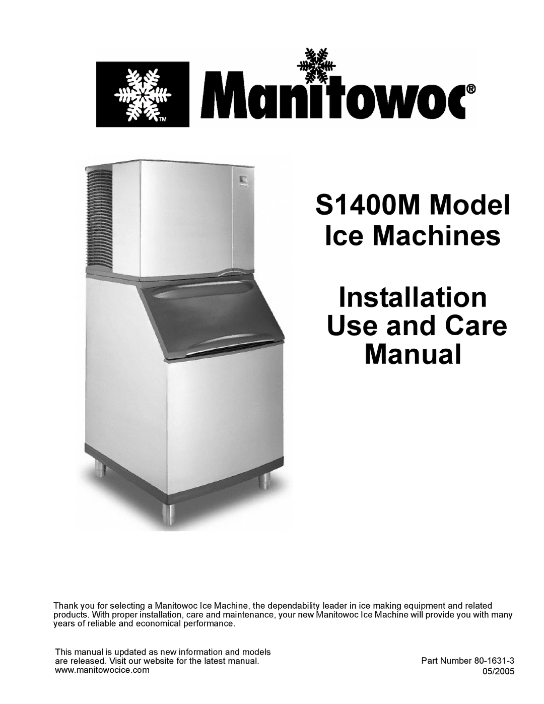 Manitowoc Ice manual S1400M Model Ice Machines Installation Use and Care Manual 