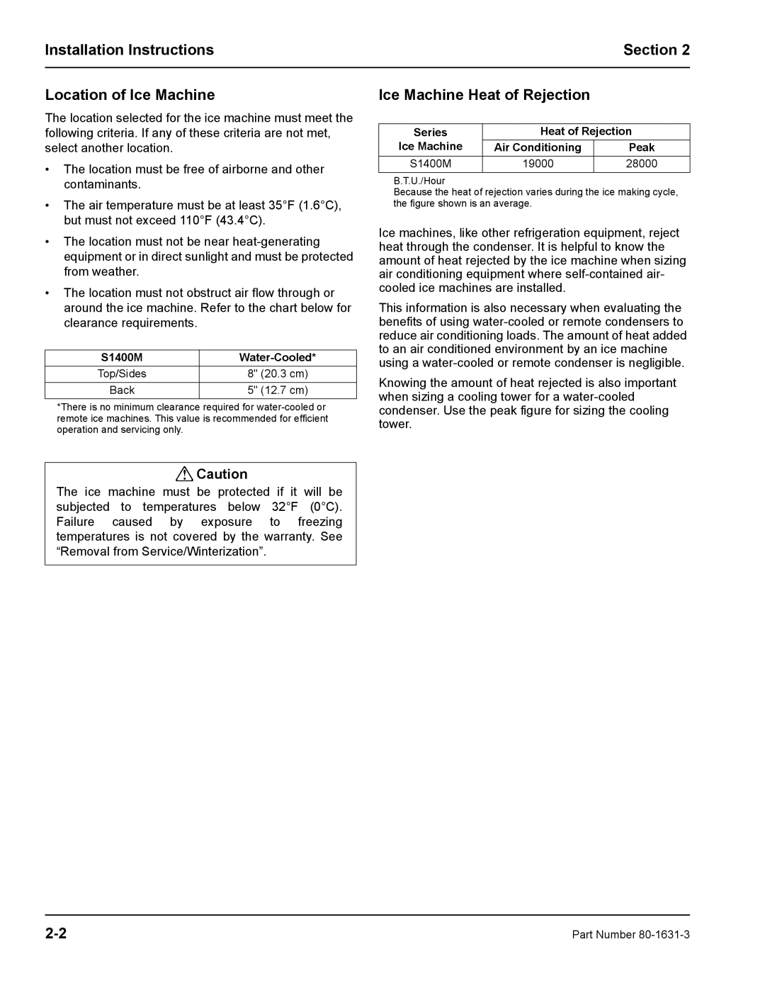 Manitowoc Ice S1400M manual Installation Instructions Section Location of Ice Machine, Ice Machine Heat of Rejection 