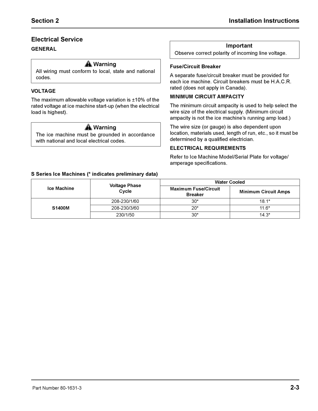 Manitowoc Ice S1400M manual Section Installation Instructions Electrical Service, Voltage, Minimum Circuit Ampacity 