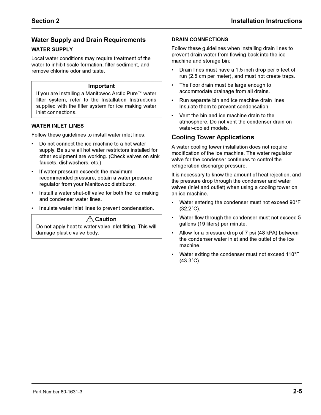 Manitowoc Ice S1400M manual Cooling Tower Applications, Water Supply, Water Inlet Lines, Drain Connections 