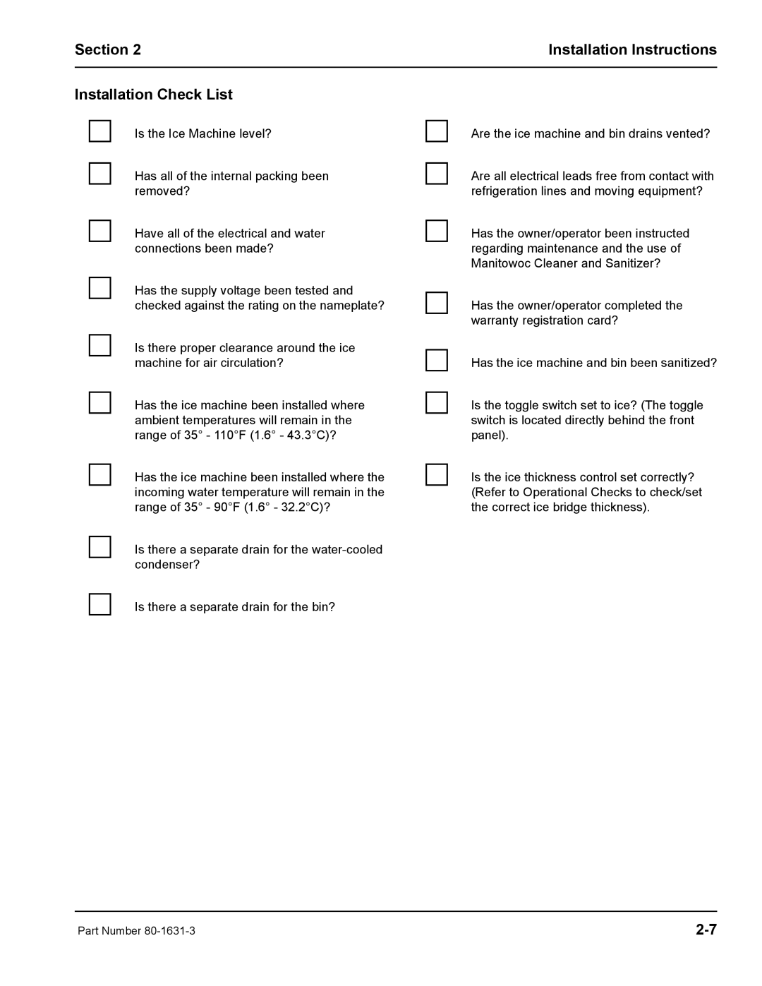 Manitowoc Ice S1400M manual Section Installation Instructions Installation Check List 