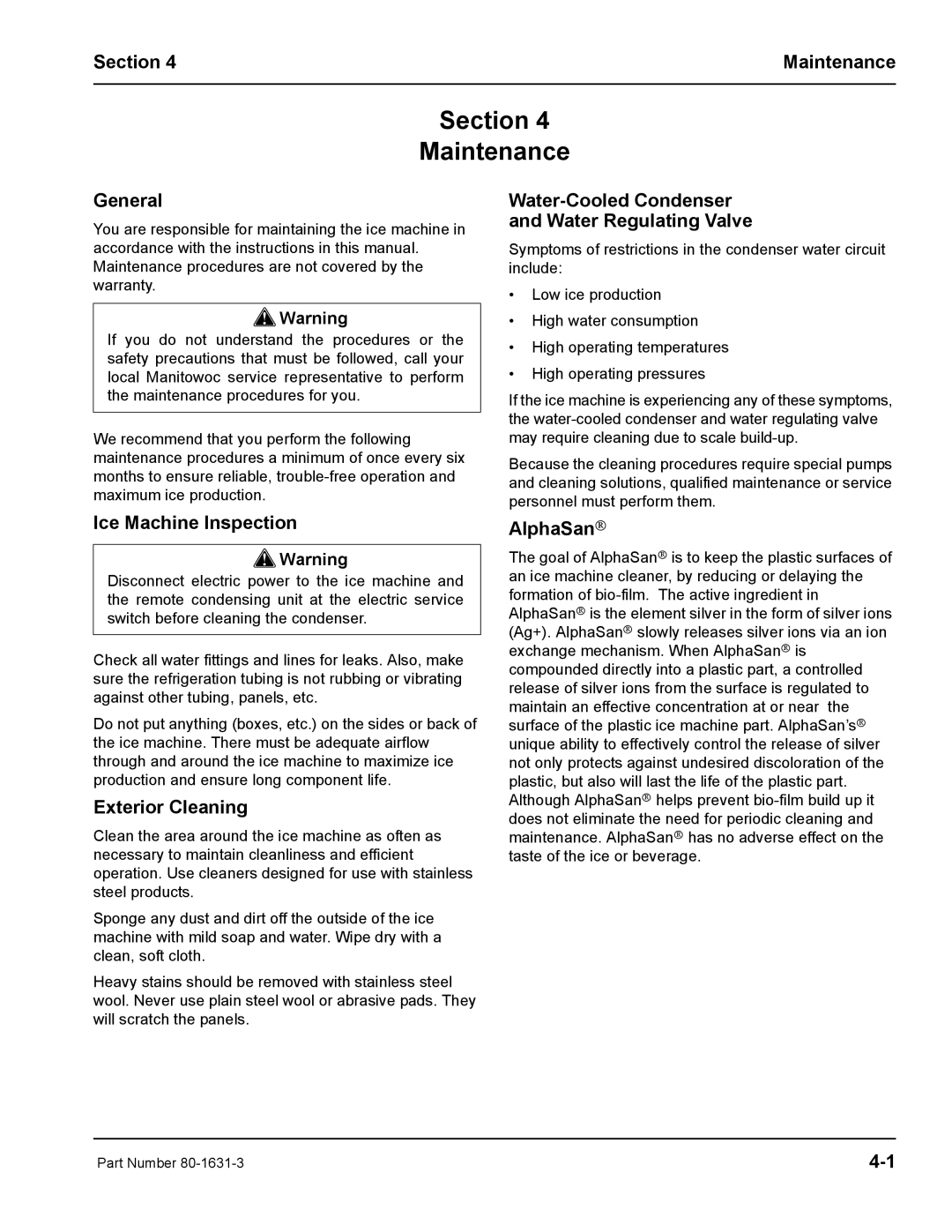 Manitowoc Ice S1400M manual Section Maintenance, Ice Machine Inspection, Exterior Cleaning, AlphaSan→ 