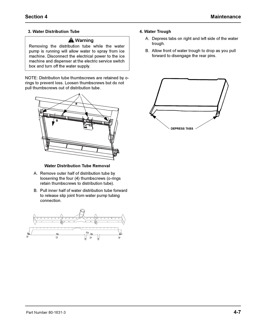 Manitowoc Ice S1400M manual Water Trough, Water Distribution Tube Removal 