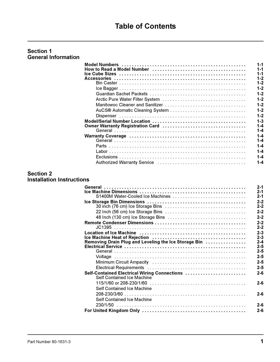 Manitowoc Ice S1400M manual Table of Contents 