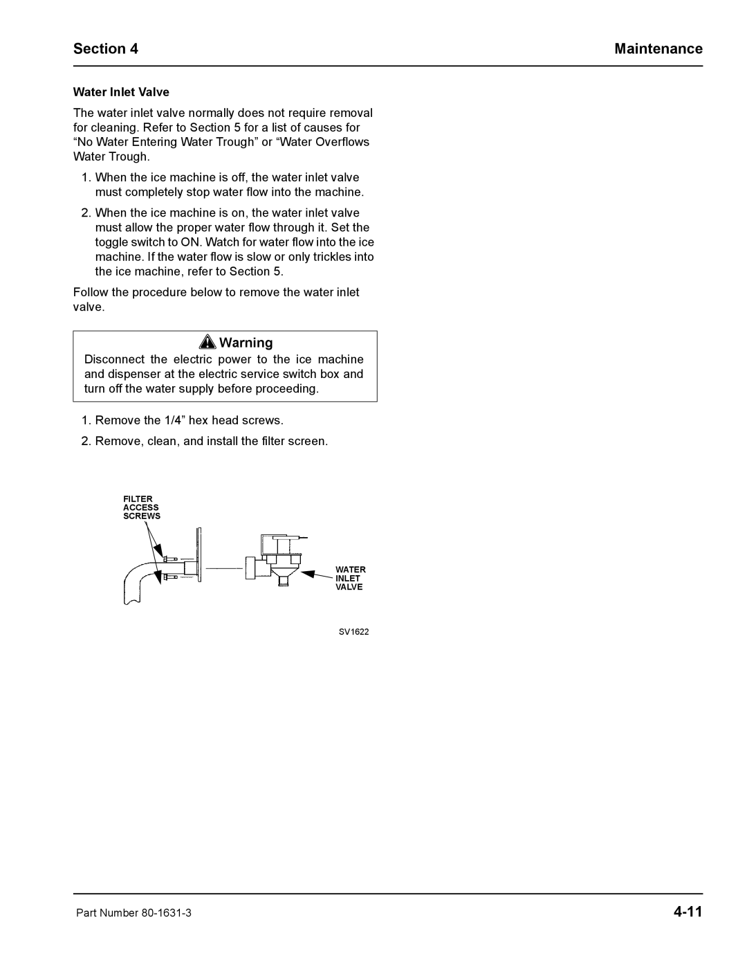 Manitowoc Ice S1400M manual Water Inlet Valve 