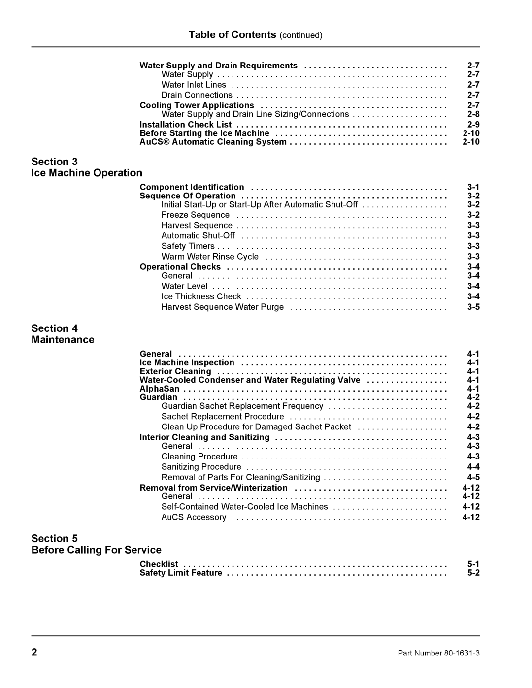 Manitowoc Ice S1400M manual Table of Contents, Section Ice Machine Operation, Section Maintenance 