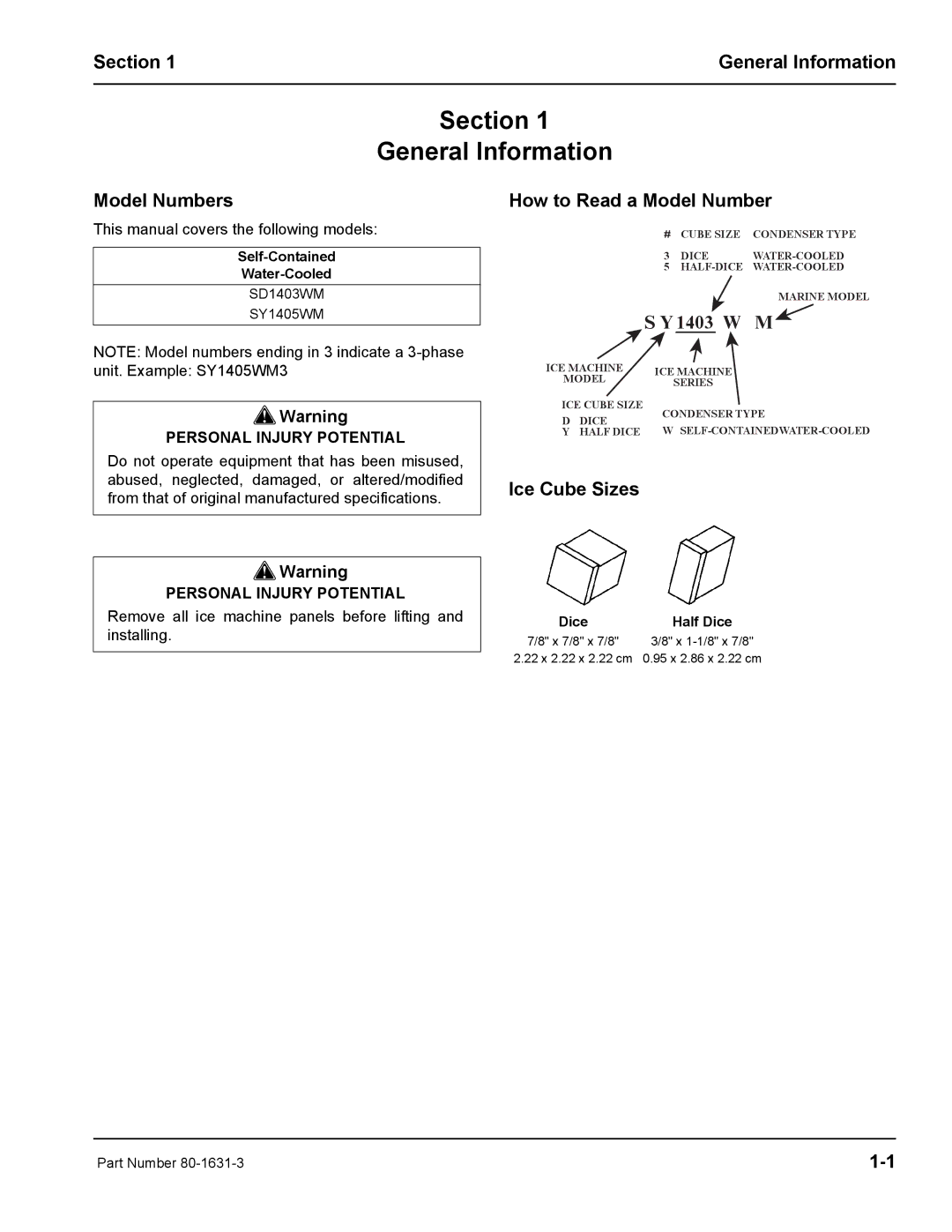 Manitowoc Ice S1400M manual Section General Information, Model Numbers, How to Read a Model Number, Ice Cube Sizes 