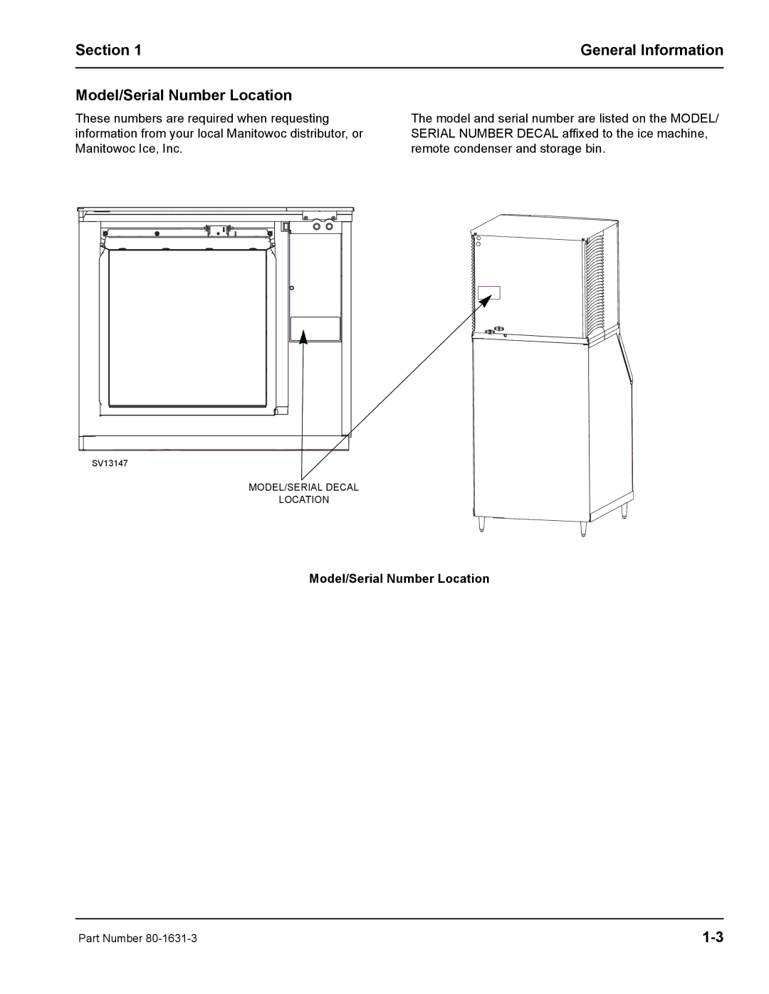 Manitowoc Ice S1400M manual Section General Information Model/Serial Number Location 