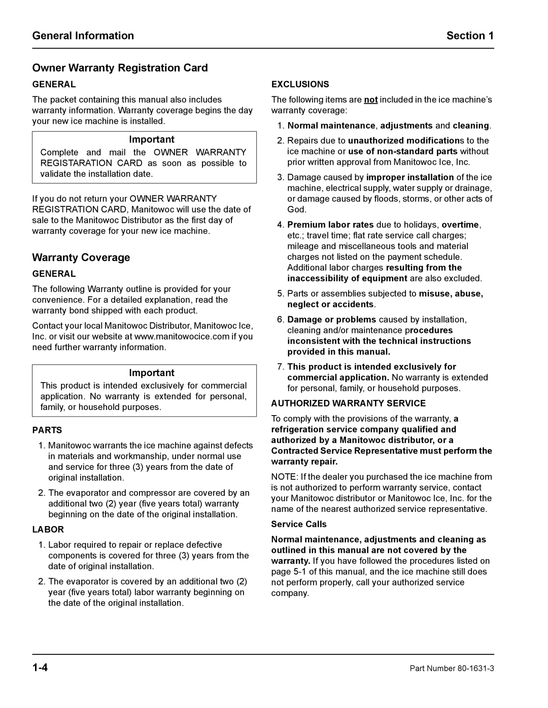 Manitowoc Ice S1400M manual Warranty Coverage 