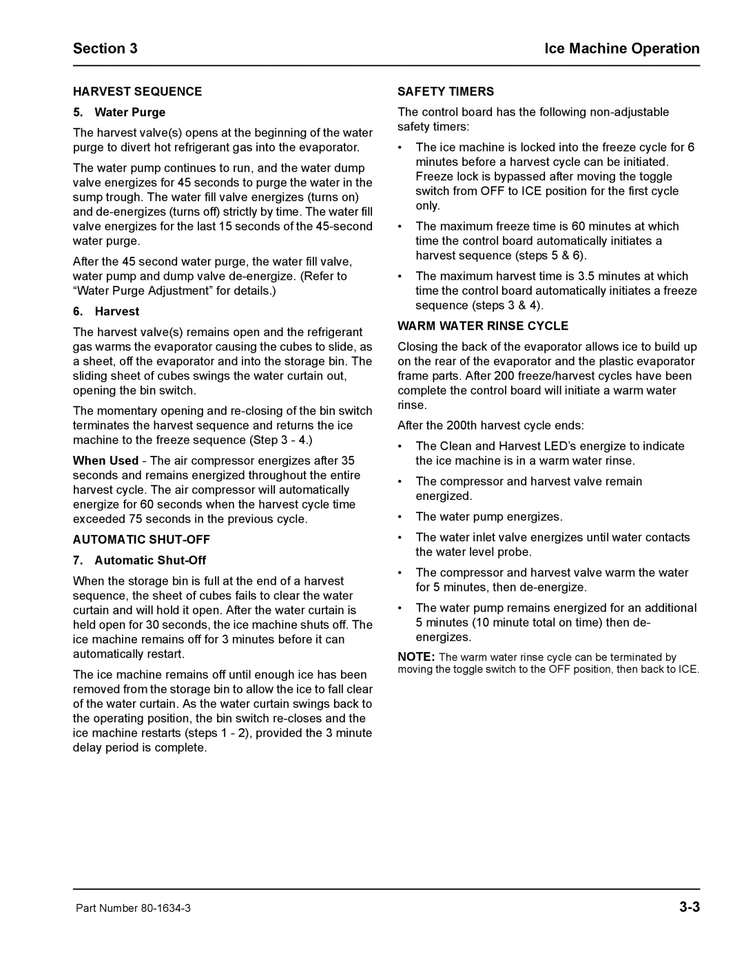 Manitowoc Ice S1800 service manual Harvest Sequence 5. Water Purge, Automatic SHUT-OFF 7. Automatic Shut-Off, Safety Timers 