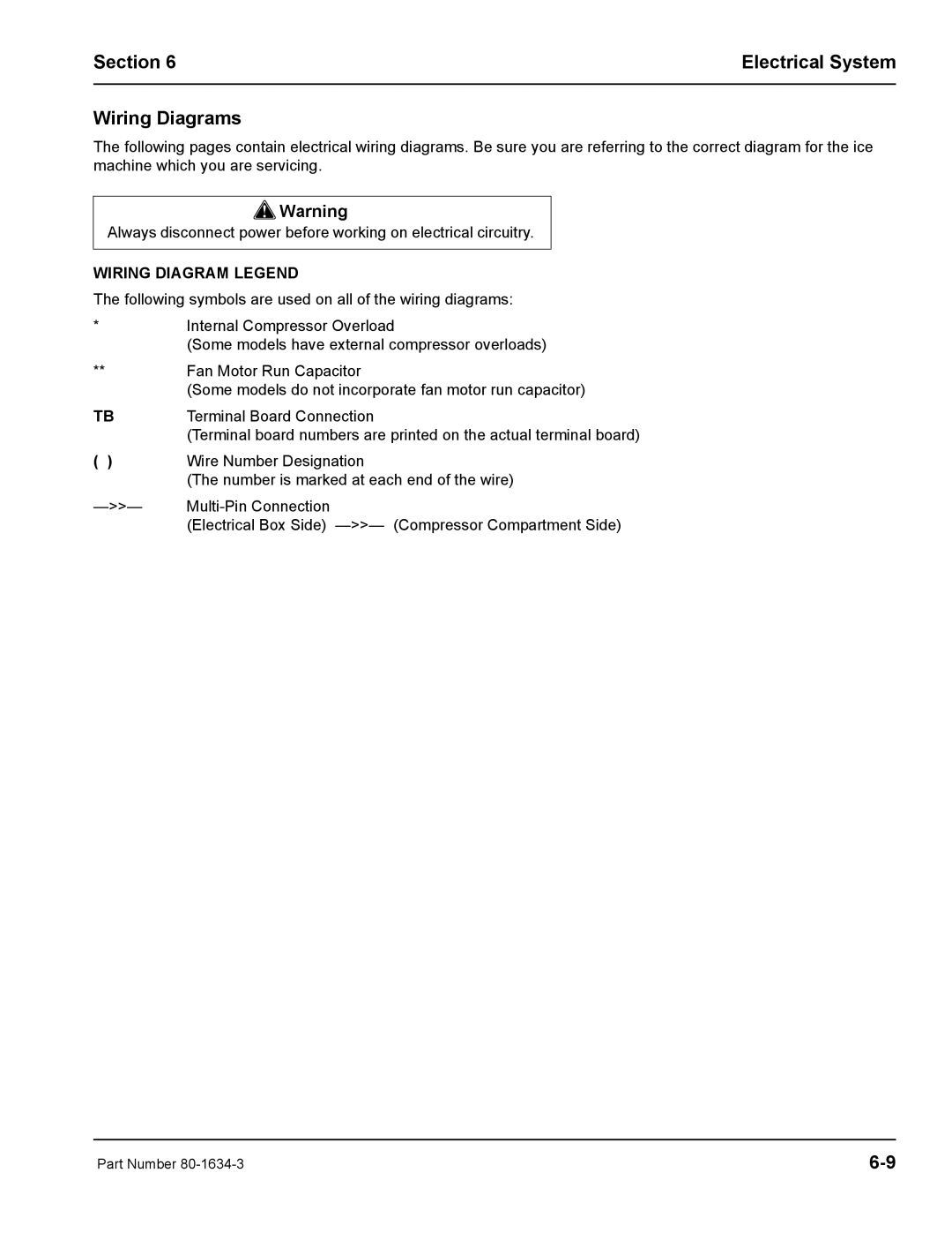 Manitowoc Ice S1800 service manual Section Electrical System Wiring Diagrams, Wiring Diagram Legend 