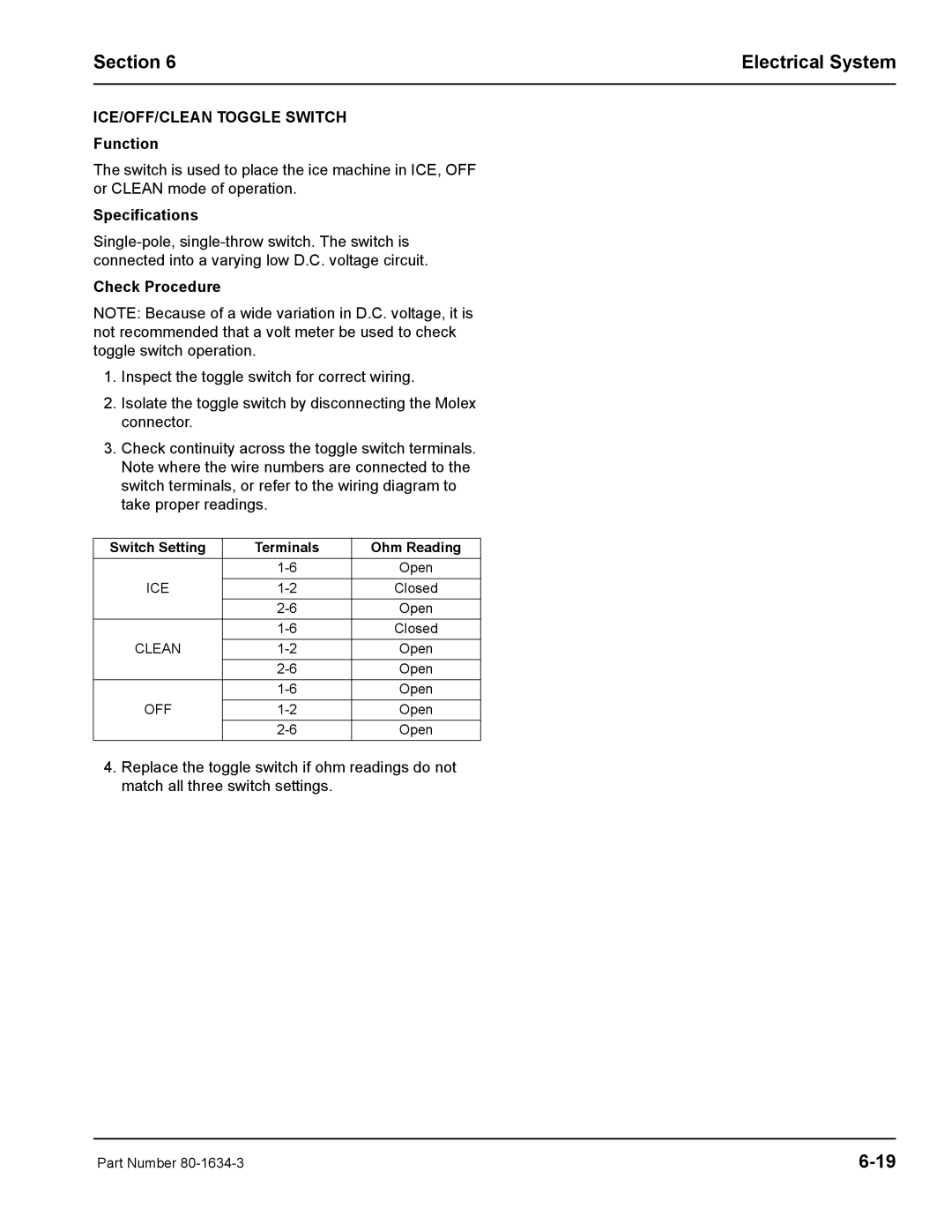 Manitowoc Ice S1800 service manual ICE/OFF/CLEAN Toggle Switch, Switch Setting Terminals Ohm Reading 