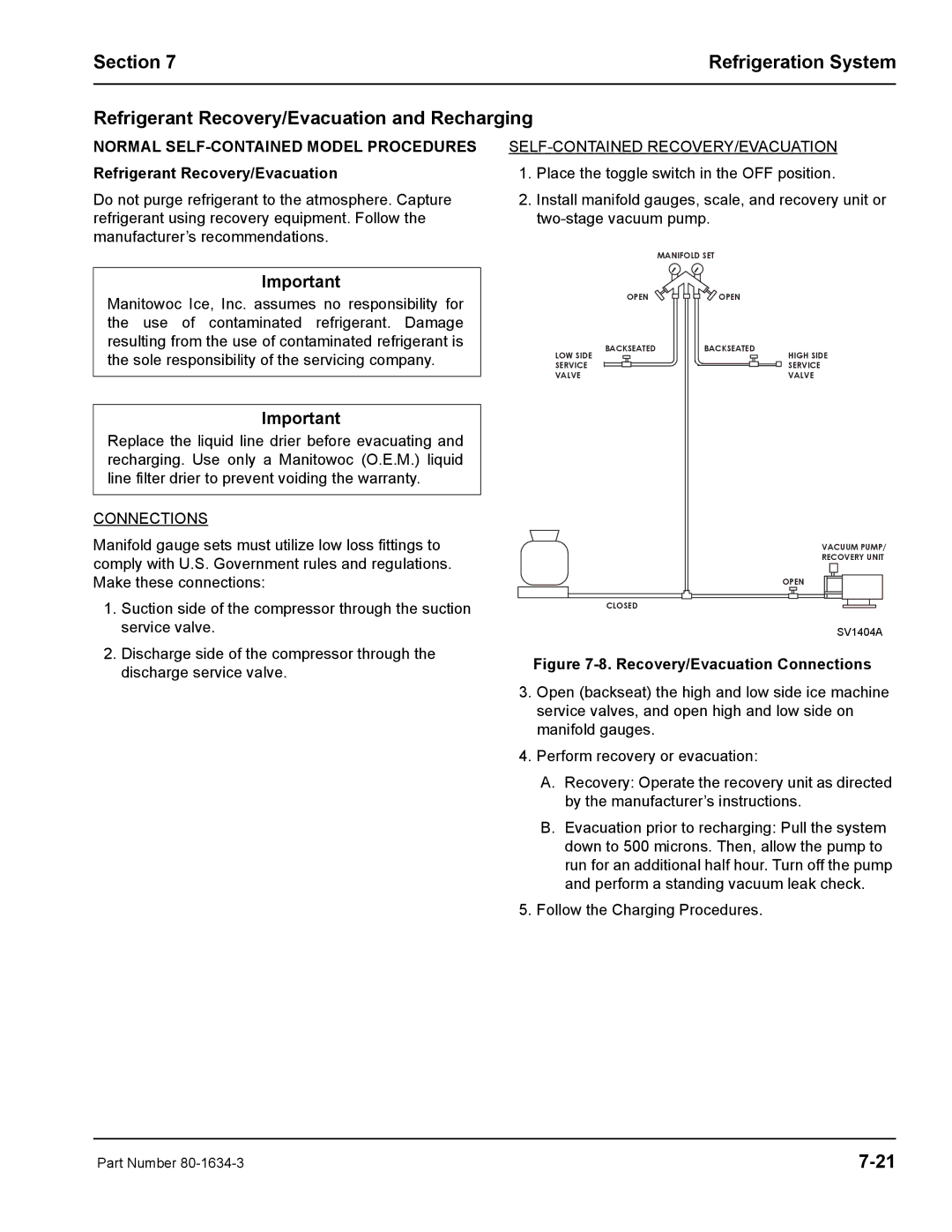 Manitowoc Ice S1800 service manual Self-Contained Recovery/Evacuation, Connections 