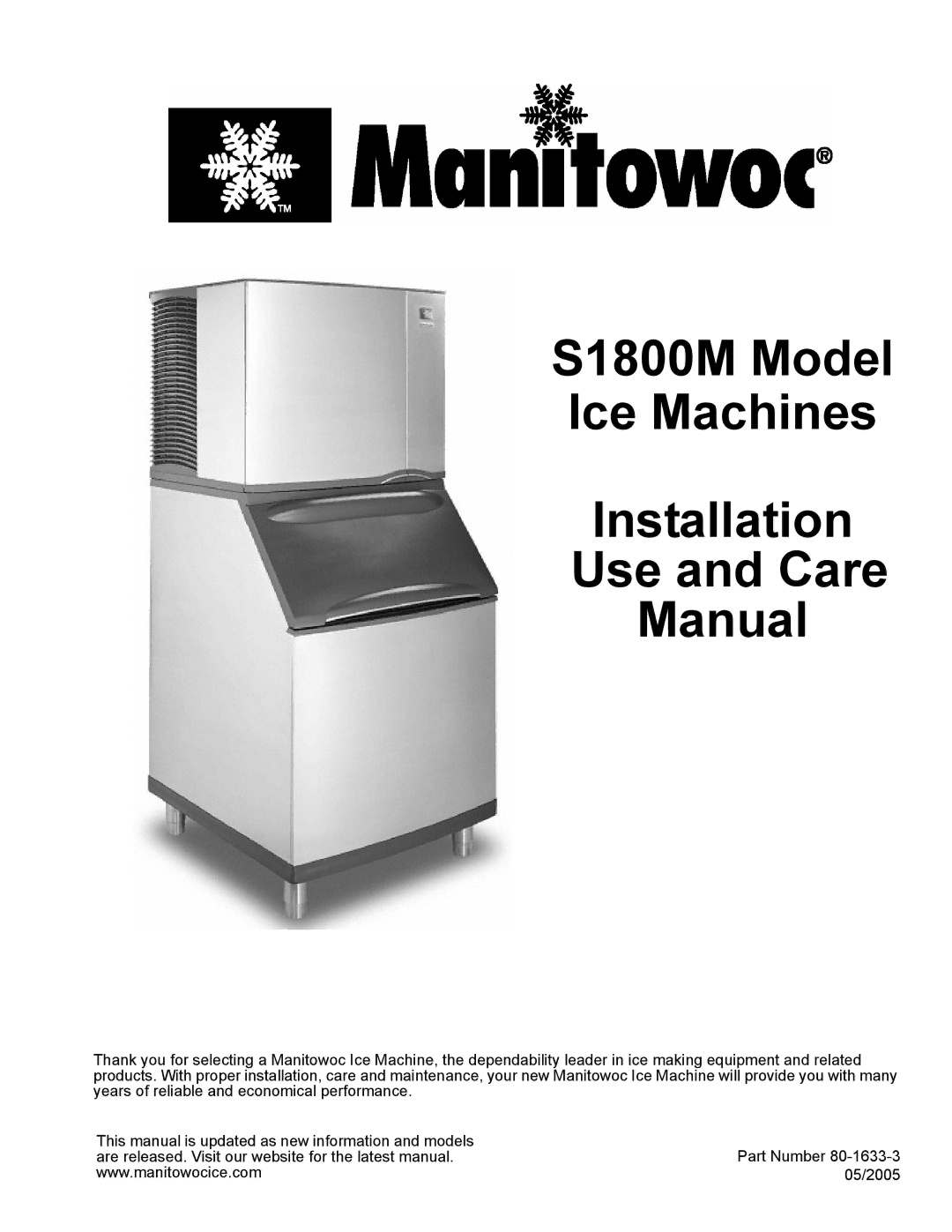 Manitowoc Ice manual S1800M Model Ice Machines Installation Use and Care Manual 