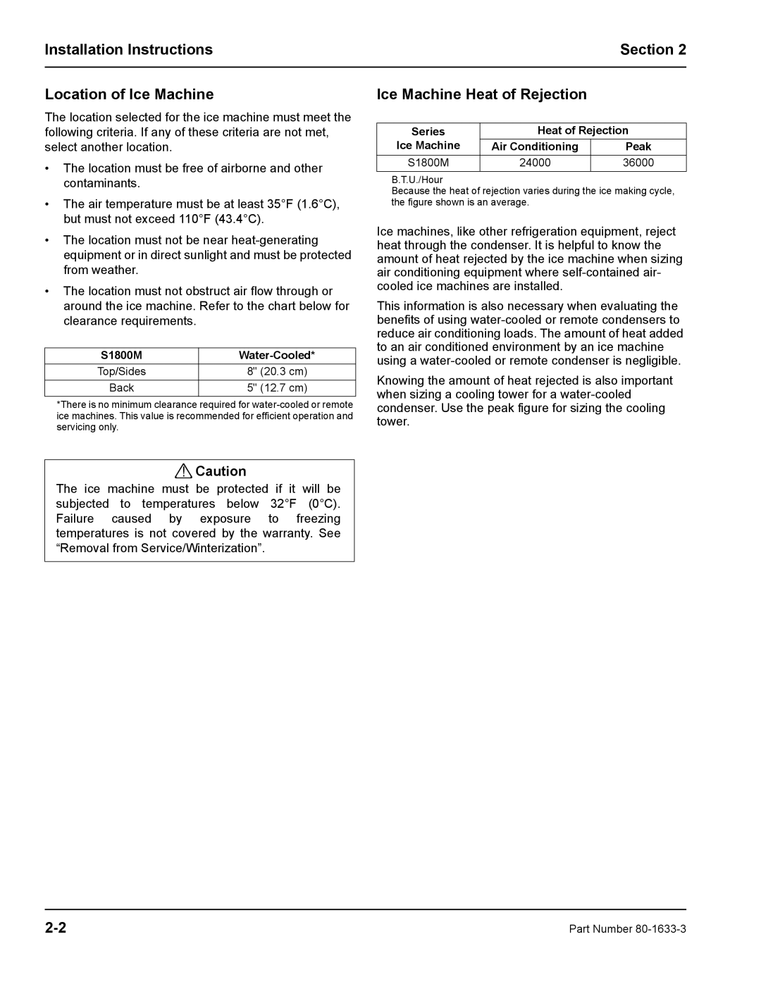 Manitowoc Ice S1800M manual Installation Instructions Section Location of Ice Machine, Ice Machine Heat of Rejection 