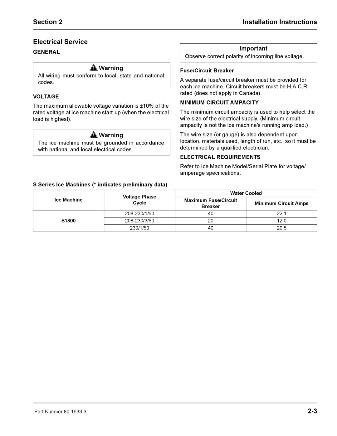 Manitowoc Ice S1800M manual Section Installation Instructions Electrical Service, Voltage, Minimum Circuit Ampacity 