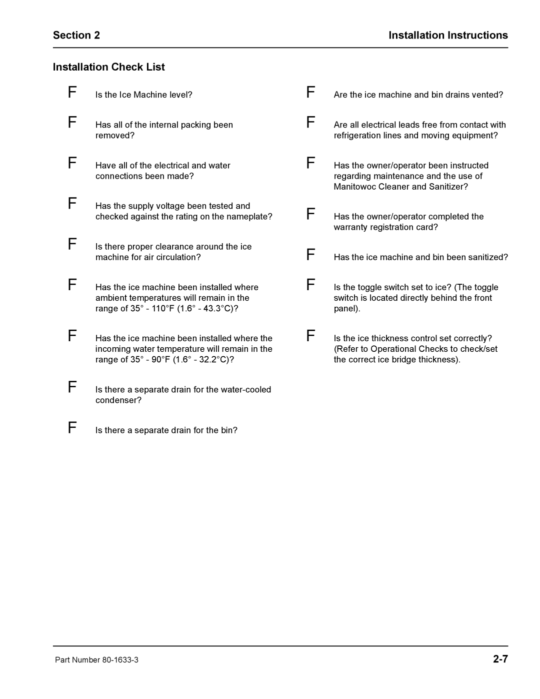 Manitowoc Ice S1800M manual Section Installation Instructions Installation Check List 