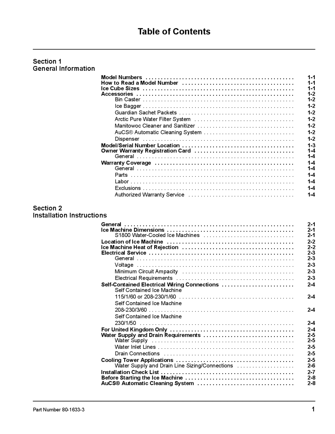 Manitowoc Ice S1800M manual Table of Contents 