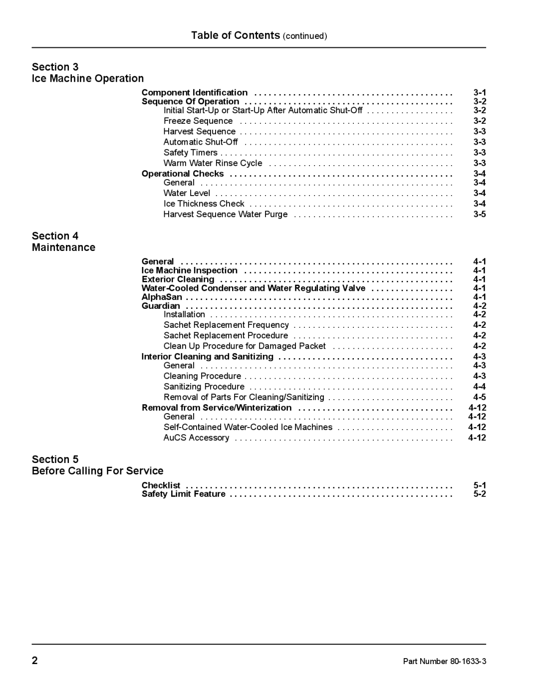 Manitowoc Ice S1800M manual Table of Contents Section Ice Machine Operation, Section Maintenance 