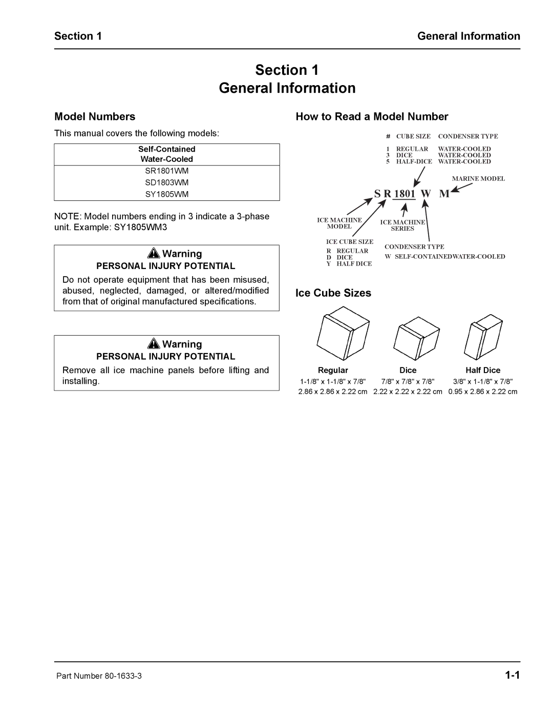 Manitowoc Ice S1800M manual Section General Information, Model Numbers, How to Read a Model Number, Ice Cube Sizes 