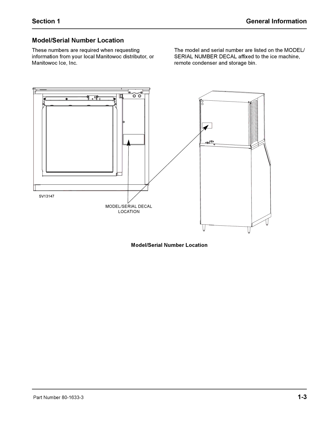 Manitowoc Ice S1800M manual Section General Information Model/Serial Number Location 