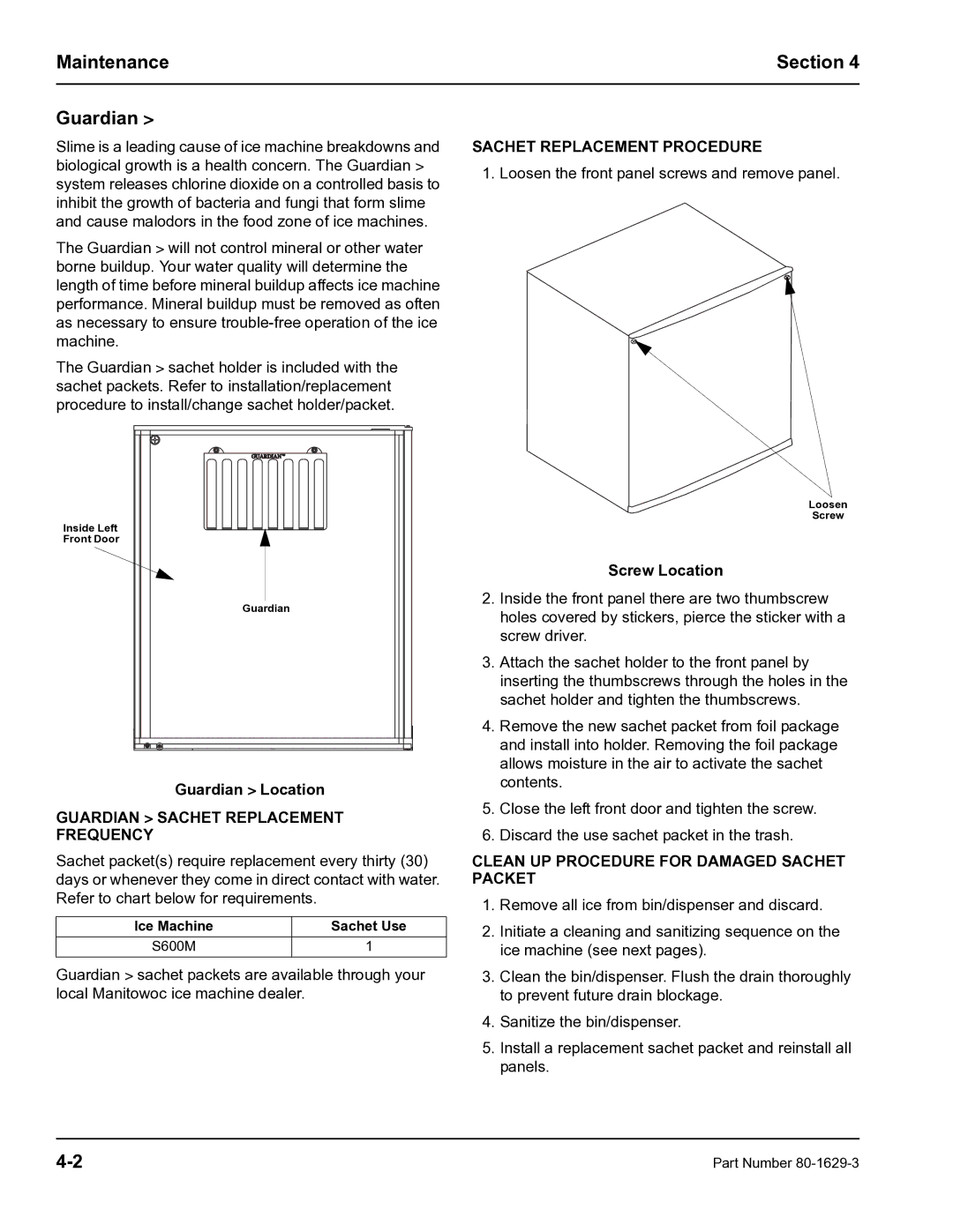 Manitowoc Ice S600M Maintenance Section Guardian, Guardian Sachet Replacement Frequency, Sachet Replacement Procedure 