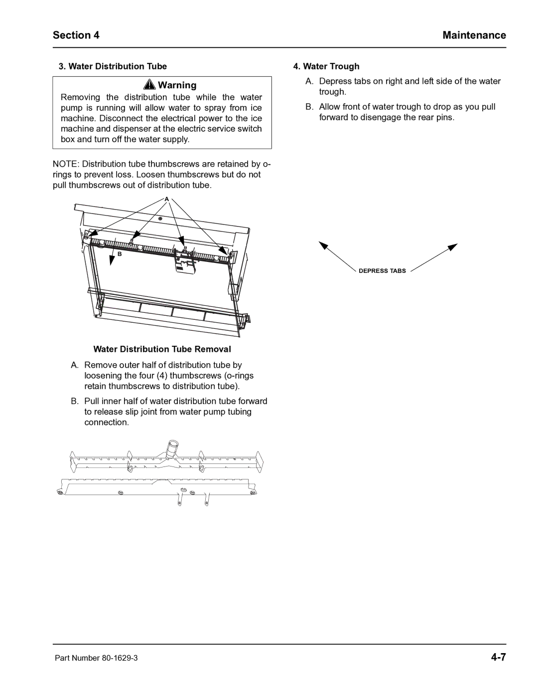 Manitowoc Ice S600M manual Water Trough, Water Distribution Tube Removal 