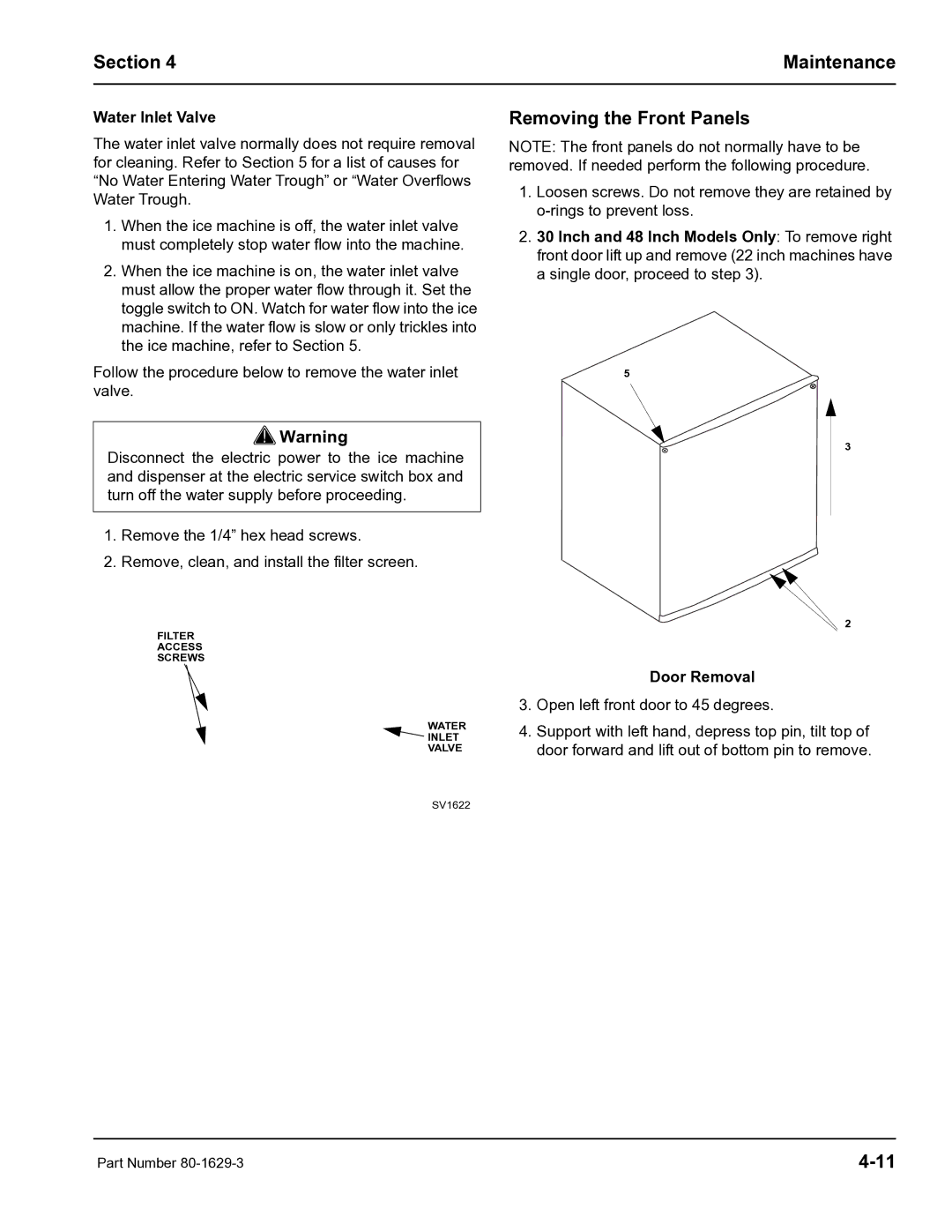 Manitowoc Ice S600M manual Removing the Front Panels, Water Inlet Valve 