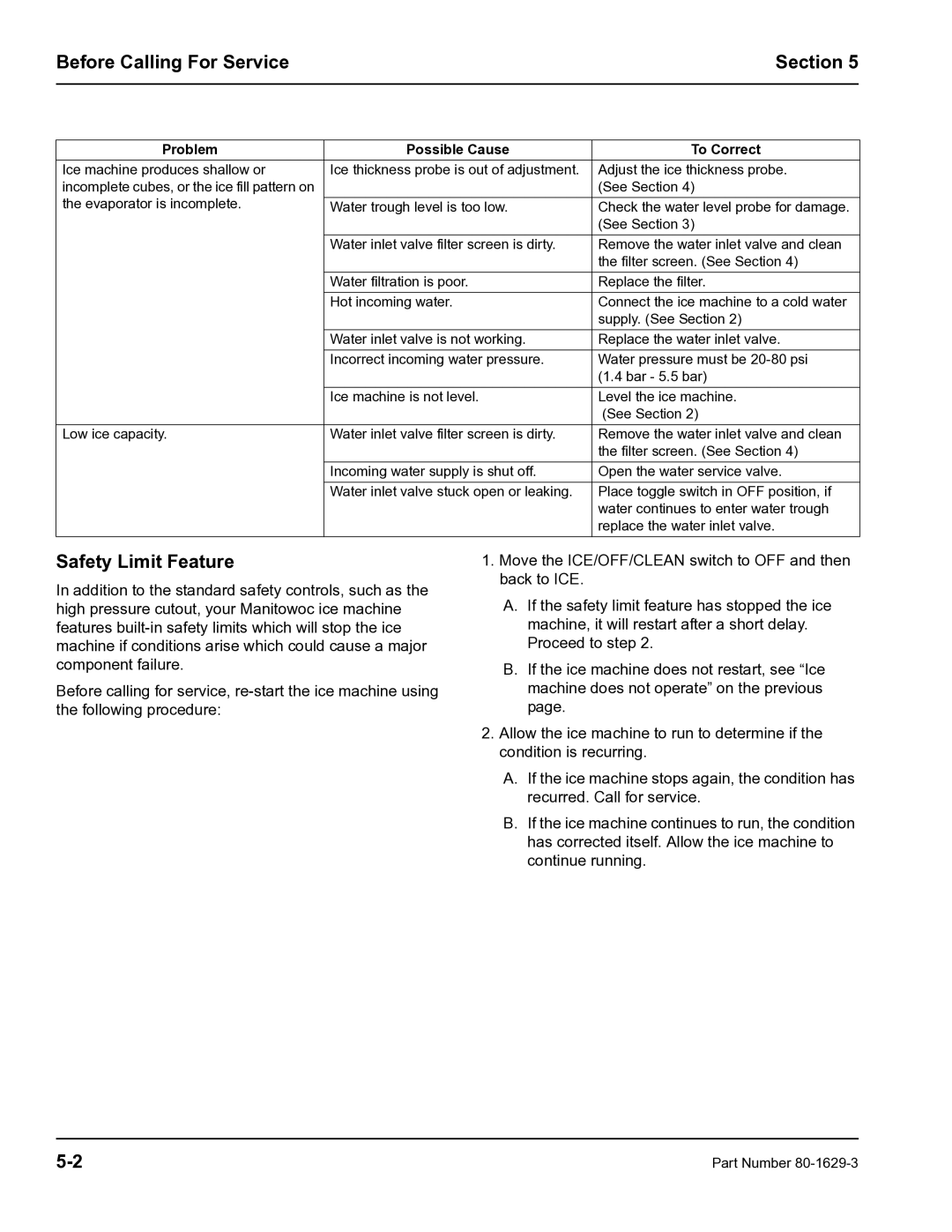 Manitowoc Ice S600M manual Before Calling For Service Section, Safety Limit Feature 