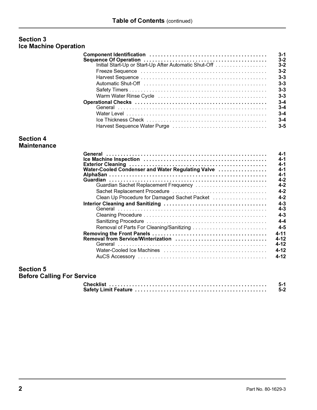 Manitowoc Ice S600M manual Table of Contents Section Ice Machine Operation, Section Maintenance 