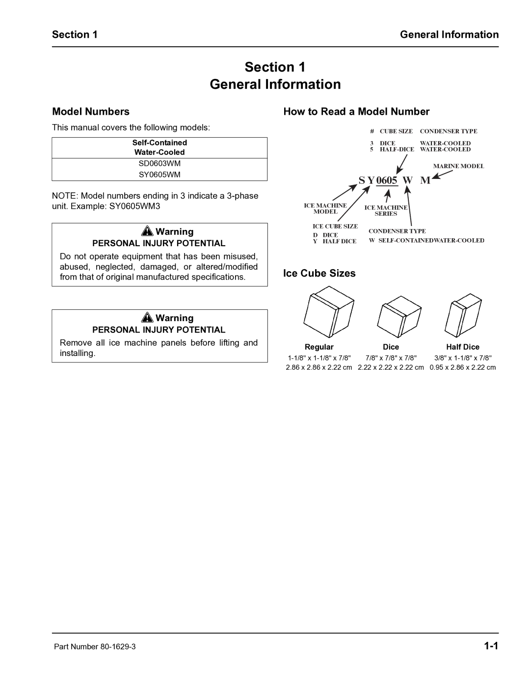 Manitowoc Ice S600M manual Section General Information, Model Numbers, How to Read a Model Number, Ice Cube Sizes 