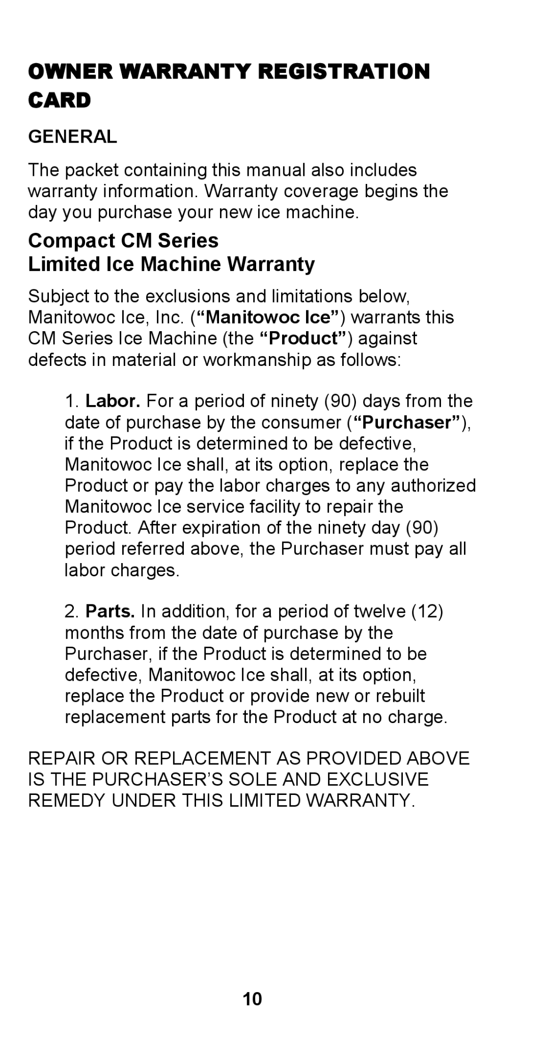 Manitowoc Ice STH003 manual Owner Warranty Registration Card, General 