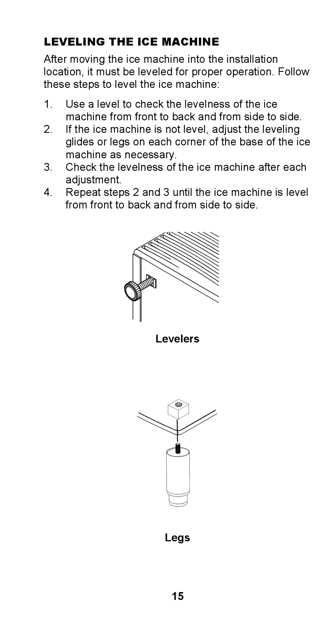 Manitowoc Ice STH003 manual Leveling the ICE Machine, Levelers Legs 