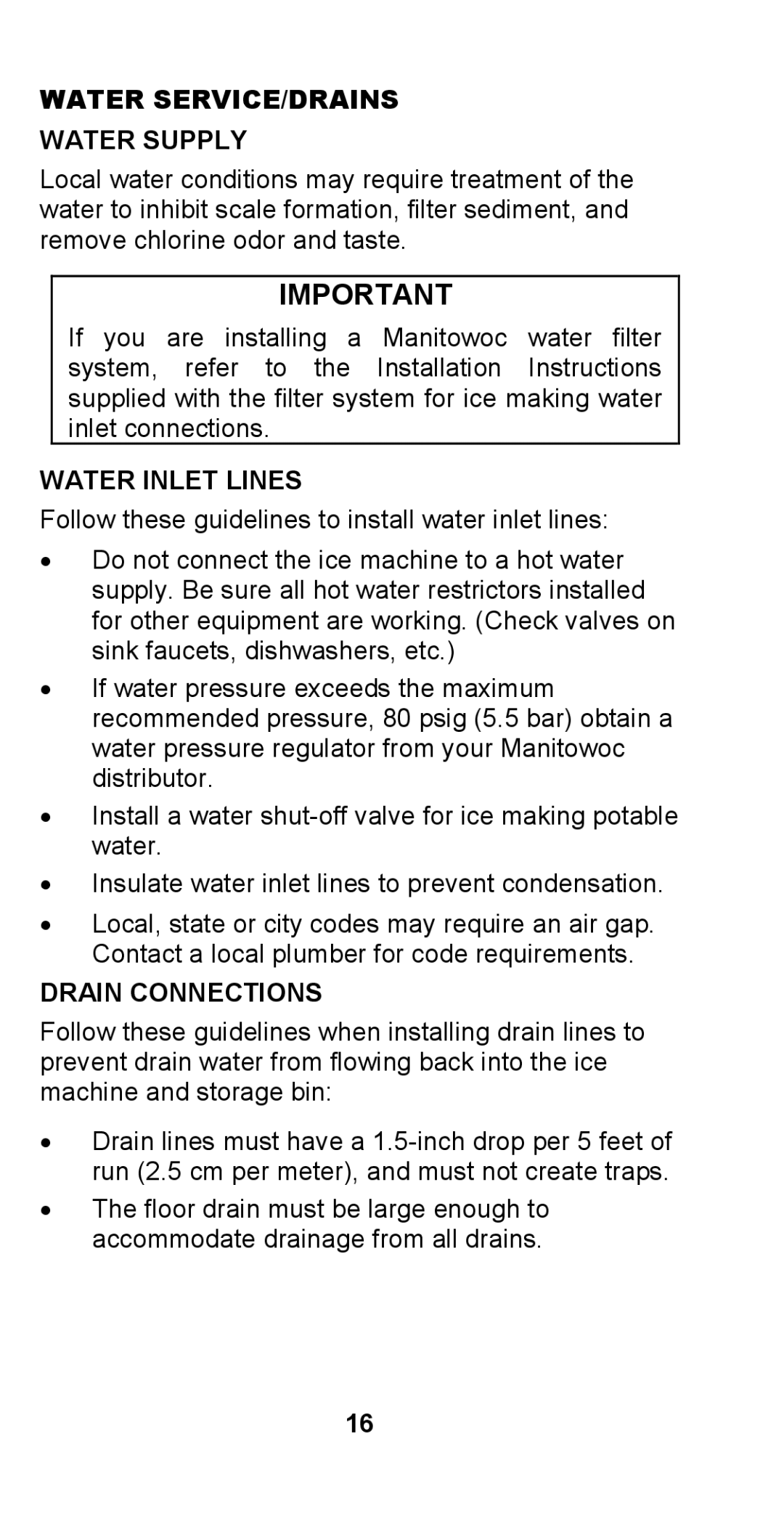 Manitowoc Ice STH003 manual Water SERVICE/DRAINS Water Supply, Water Inlet Lines, Drain Connections 