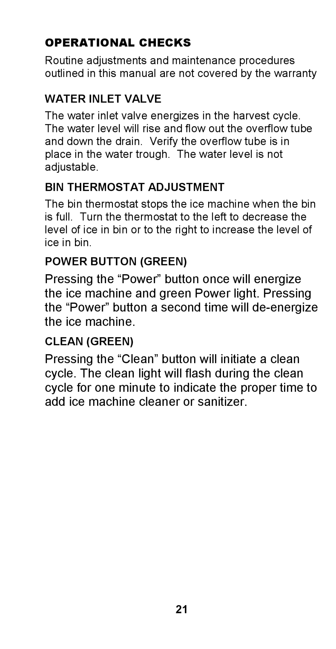 Manitowoc Ice STH003 Operational Checks, Water Inlet Valve, BIN Thermostat Adjustment, Power Button Green, Clean Green 